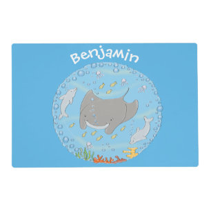 Cute manta ray and bubbles cartoon illustration placemat