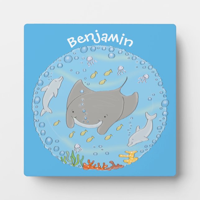 Cute manta ray and bubbles cartoon illustration plaque (Front)