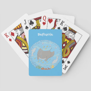 Cute manta ray and bubbles cartoon illustration poker cards