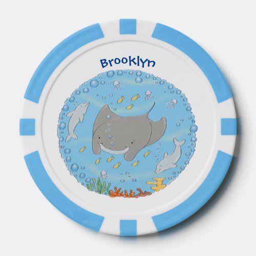 Cute manta ray and bubbles cartoon illustration poker chips