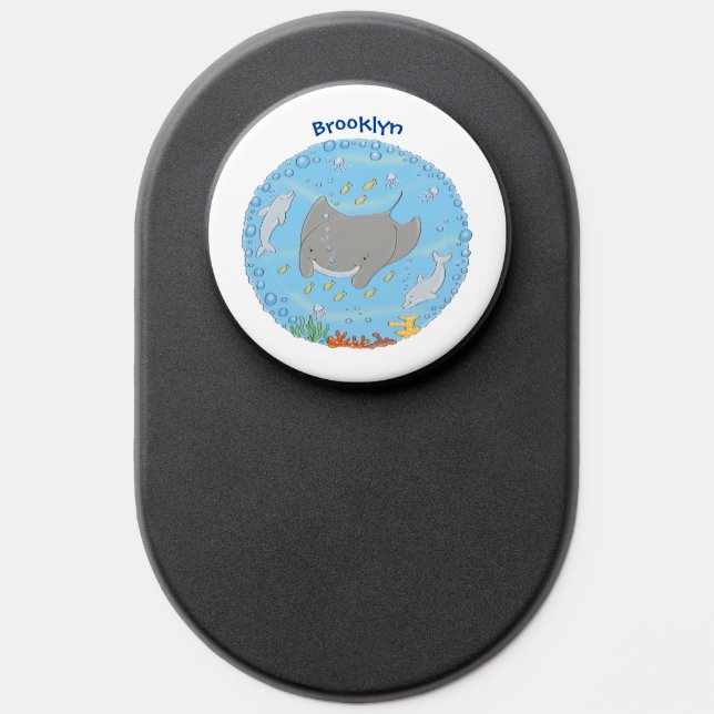 Cute manta ray and bubbles cartoon illustration PopSocket (Popsocket)