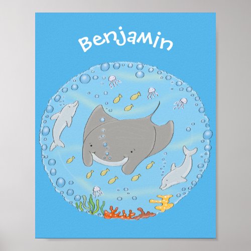 Cute manta ray and bubbles cartoon illustration poster