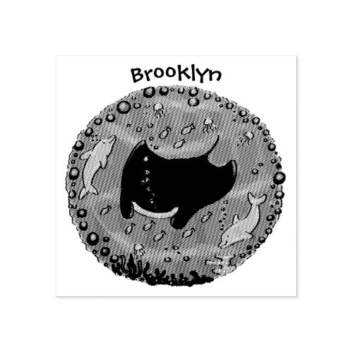 Cute manta ray and bubbles cartoon illustration rubber stamp