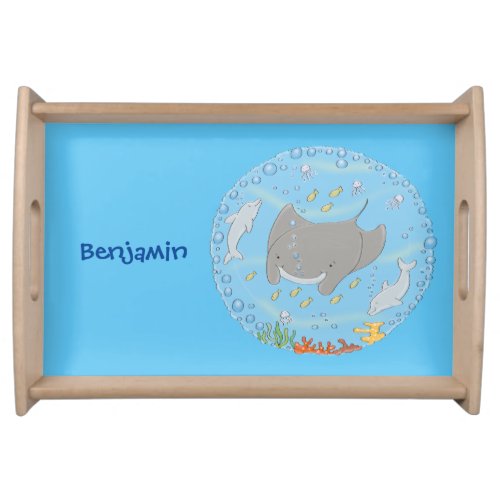 Cute manta ray and bubbles cartoon illustration serving tray