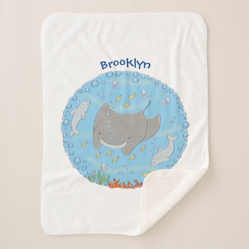 Cute manta ray and bubbles cartoon illustration  sherpa blanket