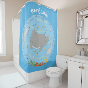 Cute manta ray and bubbles cartoon illustration shower curtain