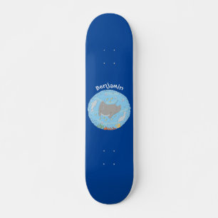 Cute manta ray and bubbles cartoon illustration skateboard