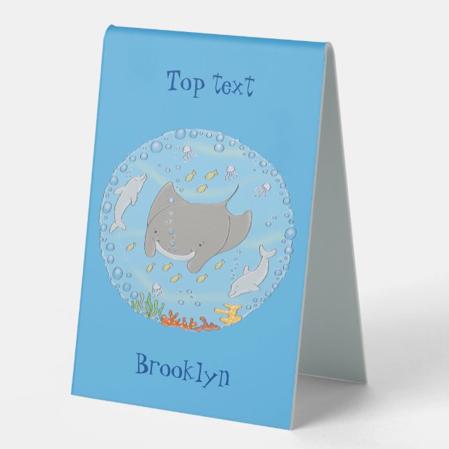 Cute manta ray and bubbles cartoon illustration table tent (Front)