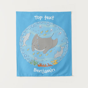 Cute manta ray and bubbles cartoon illustration tapestry