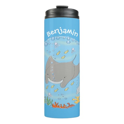 Cute manta ray and bubbles cartoon illustration thermal tumbler