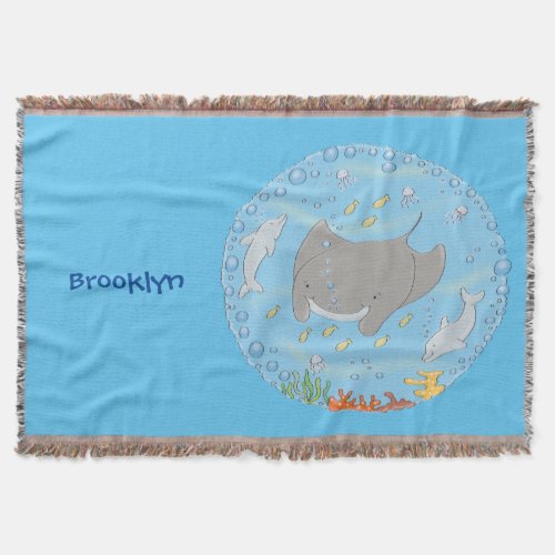 Cute manta ray and bubbles cartoon illustration throw blanket