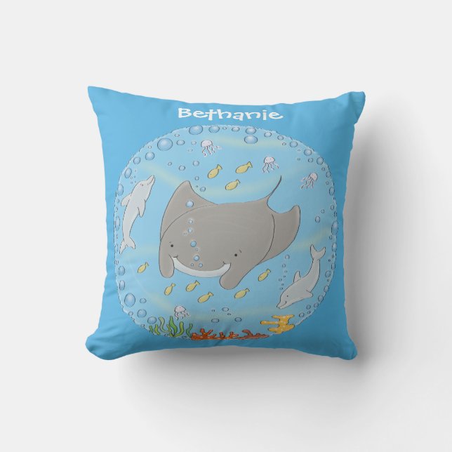 Cute manta ray and bubbles cartoon illustration throw pillow (Front)
