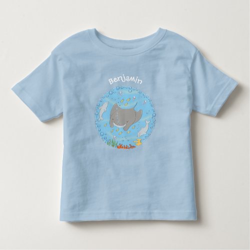 Cute manta ray and bubbles cartoon illustration toddler t_shirt