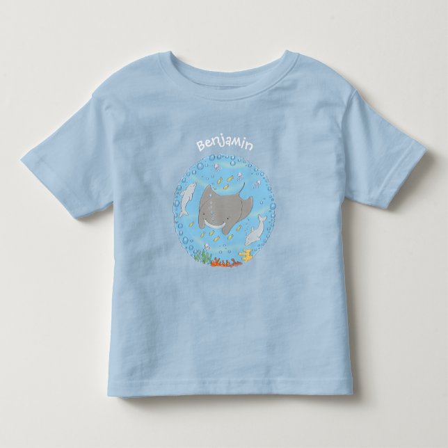 Cute manta ray and bubbles cartoon illustration toddler t-shirt (Front)