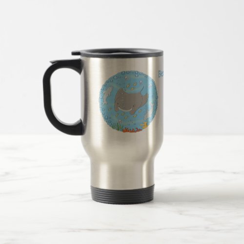 Cute manta ray and bubbles cartoon illustration travel mug