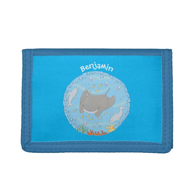 Cute manta ray and bubbles cartoon illustration trifold wallet (Front)