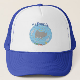Cute manta ray and bubbles cartoon illustration trucker hat