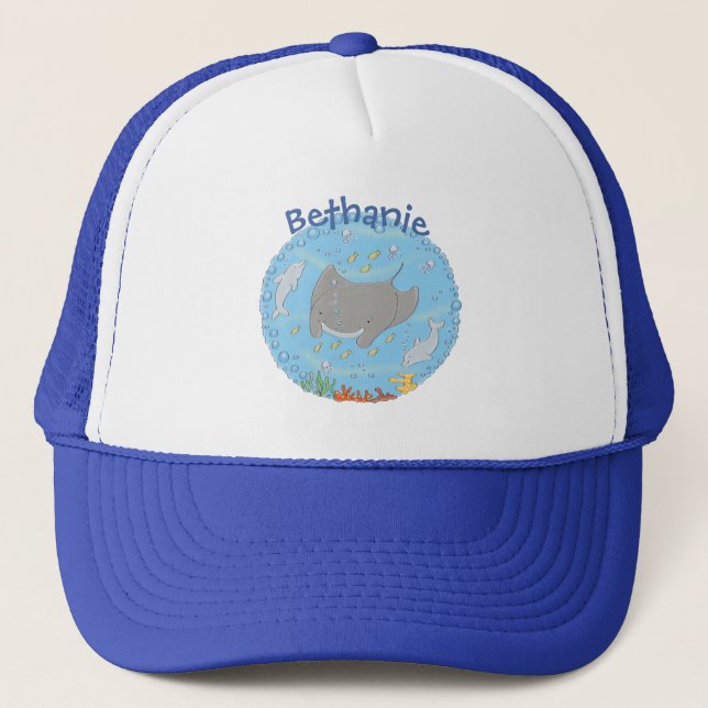 Cute manta ray and bubbles cartoon illustration trucker hat (Front)