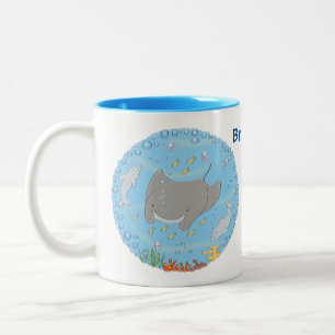 Cute manta ray and bubbles cartoon illustration Two-Tone coffee mug
