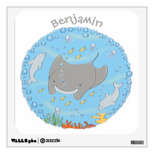 Cute manta ray and bubbles cartoon illustration wall decal