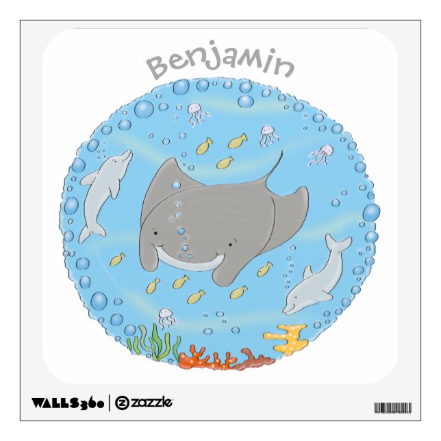 Cute manta ray and bubbles cartoon illustration wall decal (Front)