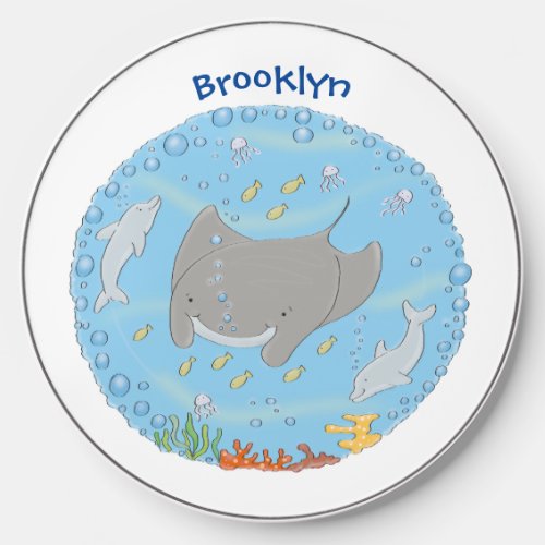 Cute manta ray and bubbles cartoon illustration wireless charger 