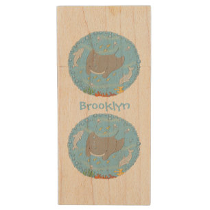 Cute manta ray and bubbles cartoon illustration wood flash drive