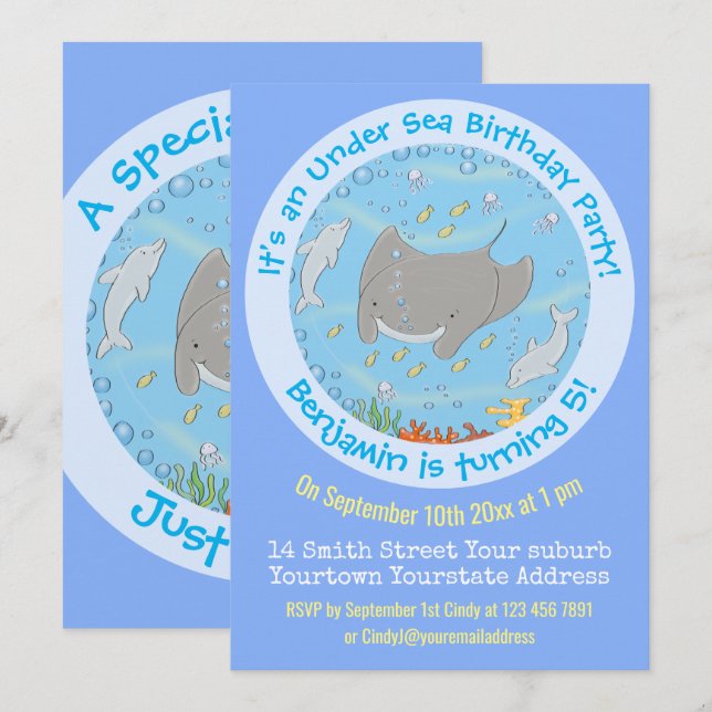Cute manta ray and dolphins cartoon illustration invitation (Front/Back)