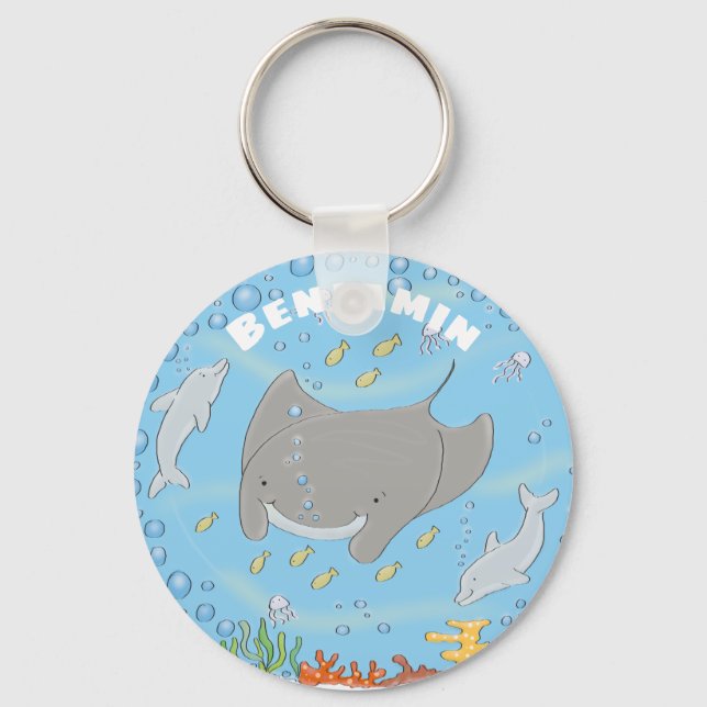 Cute manta ray and dolphins cartoon illustration keychain (Front)