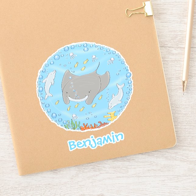 Cute manta ray and dolphins cartoon illustration sticker (Notebook)