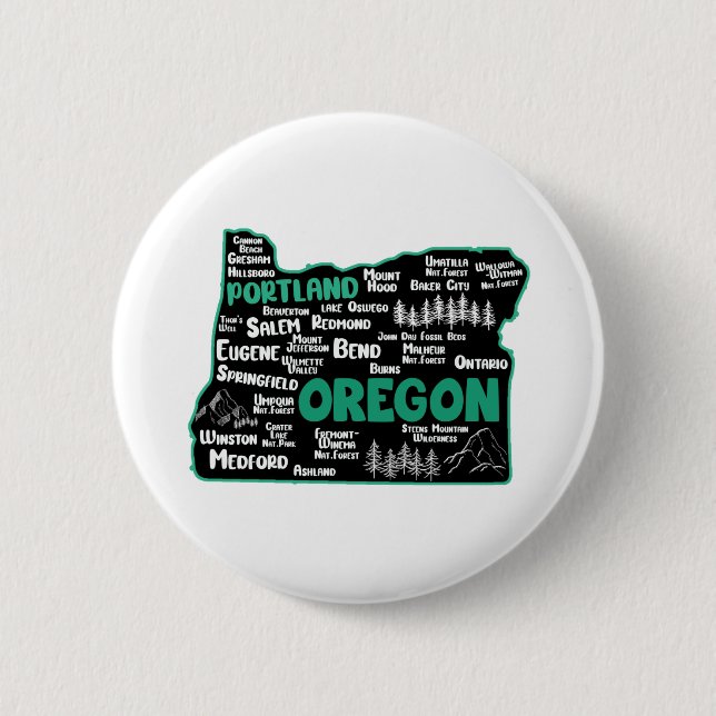 Cute map of Oregon, Portland, Salem, Eugene, Button (Front)