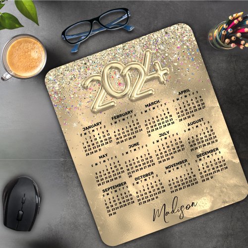 Cute marble art gold faux glitter 2024 calendar  mouse pad