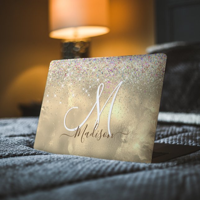 Cute marble art gold faux glitter monogram HP laptop skin (Creator Uploaded)