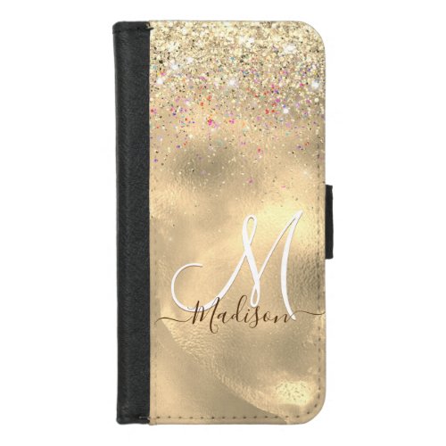 Cute marble art gold faux glitter monogram iPhone 87 wallet case