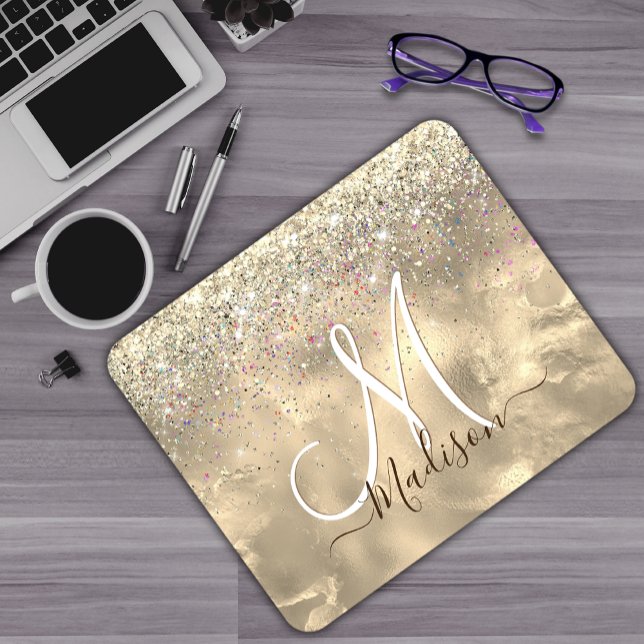 Cute marble art gold faux glitter monogram mouse pad (Creator Uploaded)
