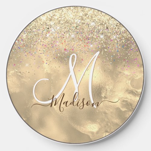 Cute marble art gold faux glitter monogram wireless charger 
