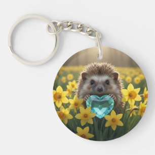 Cute March Hedgehog with Aquamarine Heart Keychain