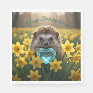 Cute March Hedgehog with Aquamarine Heart Napkins