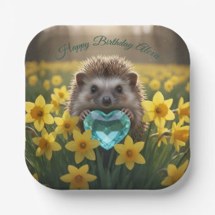 Cute March Hedgehog with Aquamarine Heart Paper Plates