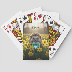 Cute March Hedgehog with Aquamarine Heart Poker Cards