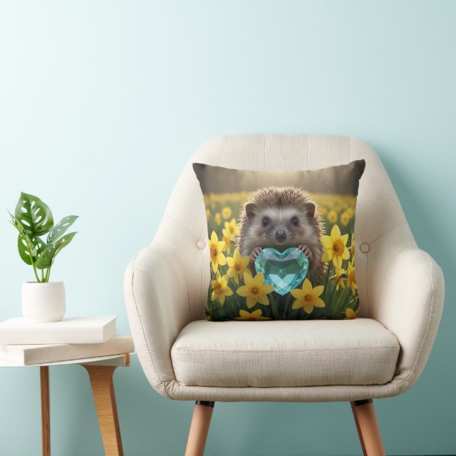 Cute March Hedgehog with Aquamarine Heart Throw Pillow (Chair)