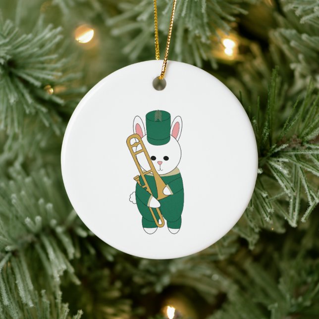 Cute Marching Bunny Trombone Green Gold Band Ceramic Ornament (Tree)