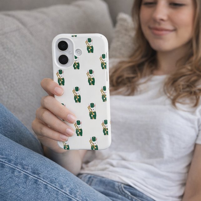 Cute Marching Bunny Trombone Player Cartoon Green Case-Mate iPhone Case (A phone case with a pattern of white rabbits holding a trombone.)