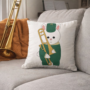 Cute Marching Bunny Trombone Player Cartoon Green Throw Pillow