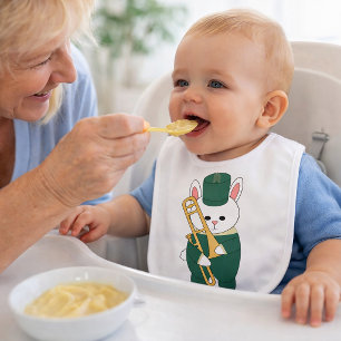 Cute Marching Bunny Trombone Player Green Gold Baby Bib