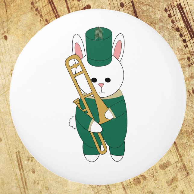 Cute Marching Bunny Trombone Player Green Gold Ceramic Knob (A ceramic knob with a white rabbit holding a trombone & dressed in green & gold.)