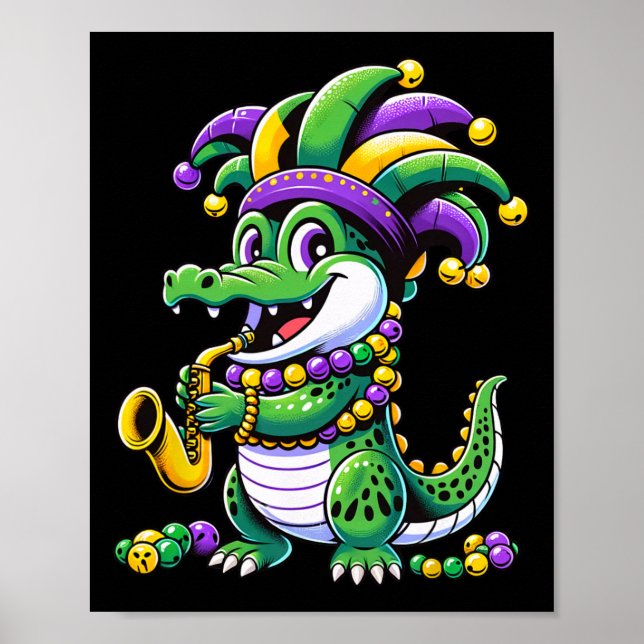 Cute Mardi Gras Alligator Jester Hat Carnival Para Poster (Front)
