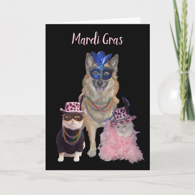 Cute Mardi Gras Dog and Cats Holiday Card (Front)