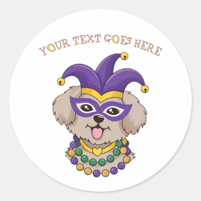 Cute Mardi Gras Puppy Dog Custom Text Classic Round Sticker (Front)