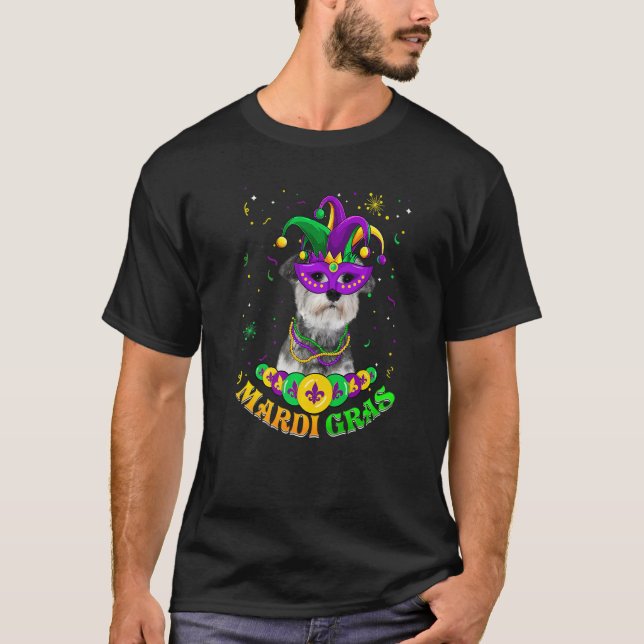 Cute Mardi Gras Schnauzer Dog Dad Dog Mom Mask Bea T-Shirt (Front)